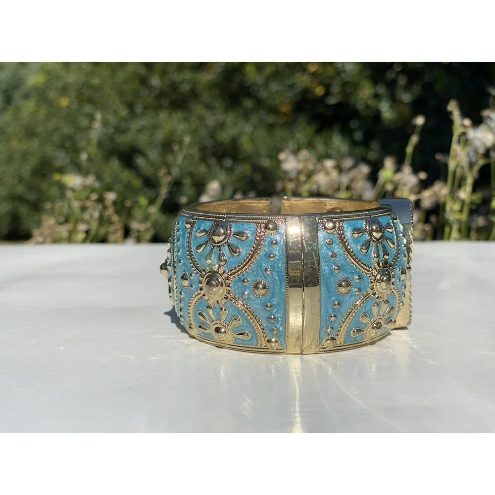 Amedeo NYC HSN 14K Gold Plated Shell Cameo Blue Enamel Bangle Bracelet~ Good Con